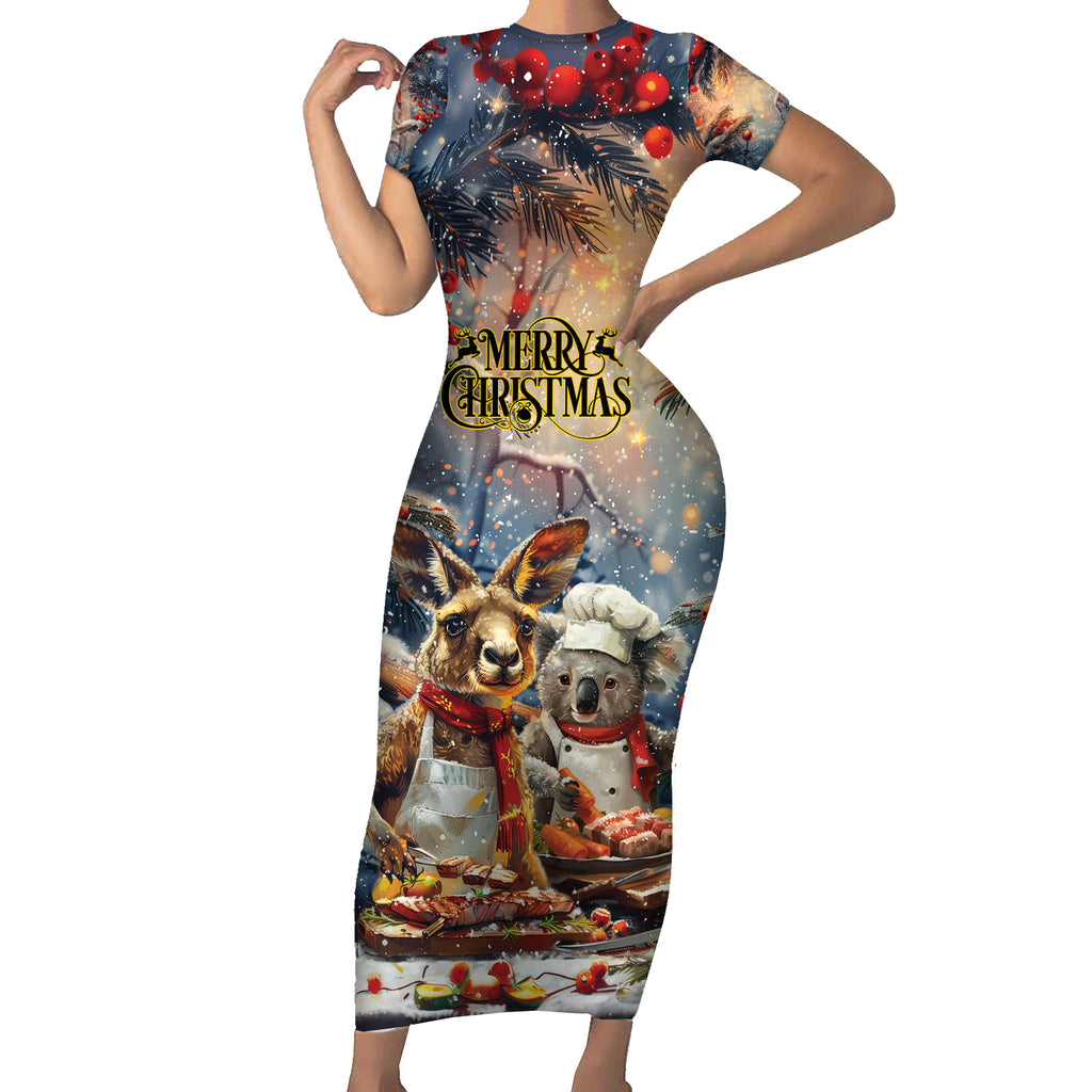 Personalised Aussie Christmas Kangaroo and Koala Short Sleeve Bodycon Dress