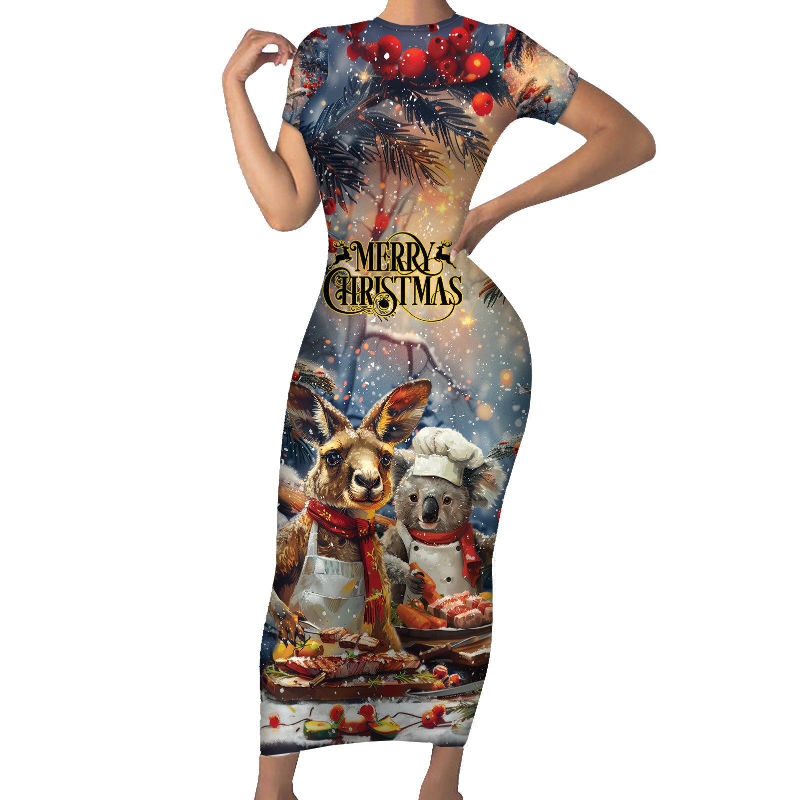 Personalised Aussie Christmas Kangaroo and Koala Short Sleeve Bodycon Dress