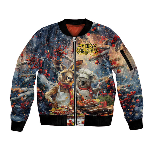 Personalised Aussie Christmas Kangaroo and Koala Sleeve Zip Bomber Jacket