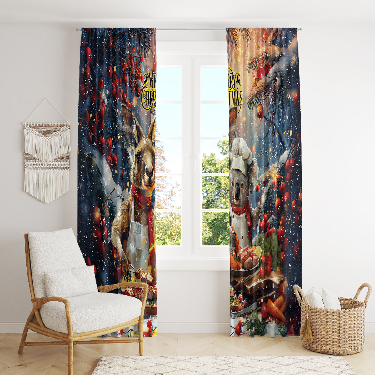 Aussie Christmas Kangaroo and Koala Window Curtain