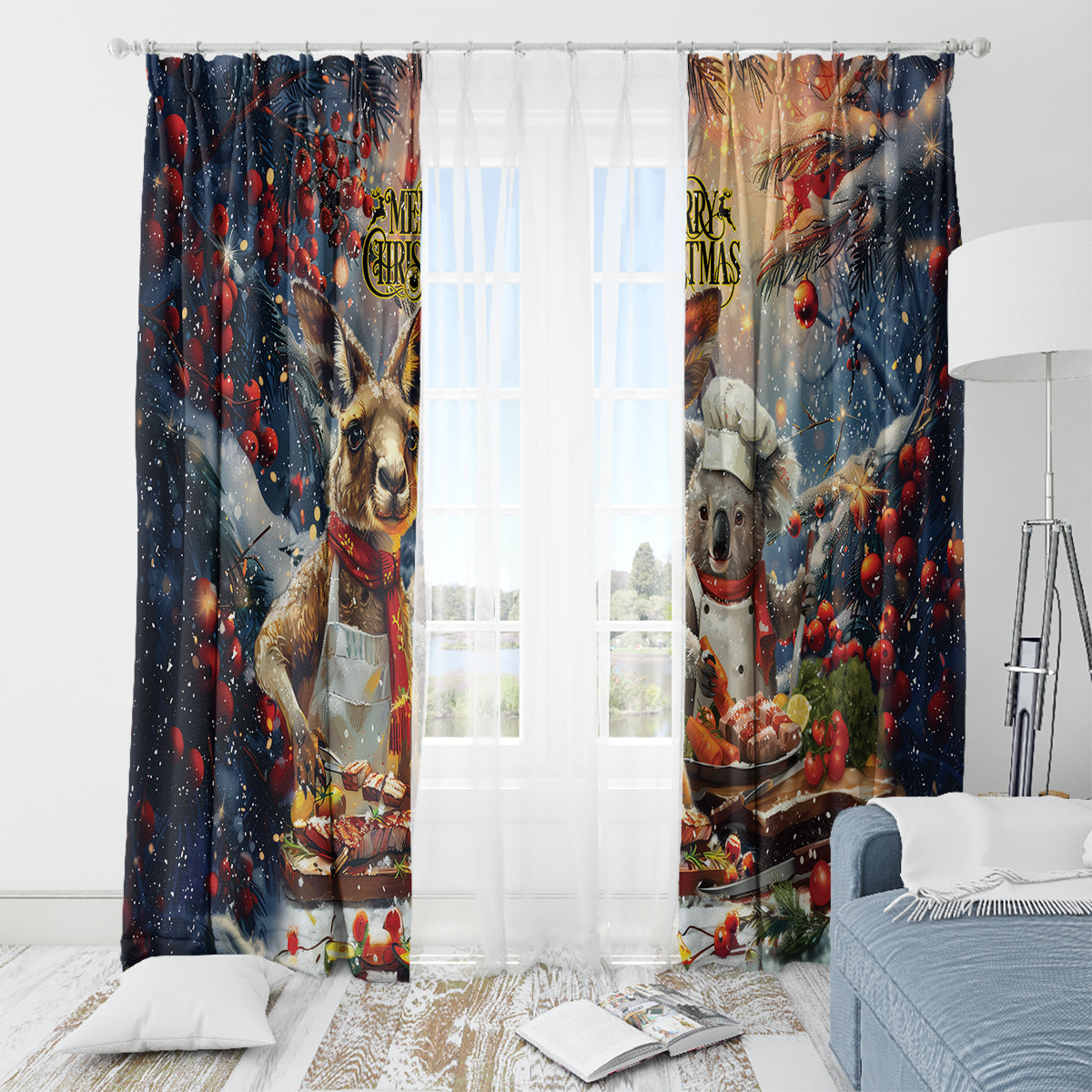 Aussie Christmas Kangaroo and Koala Window Curtain