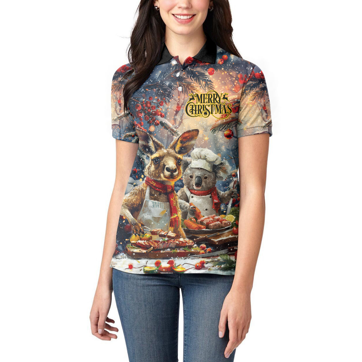 Personalised Aussie Christmas Kangaroo and Koala Women Polo Shirt