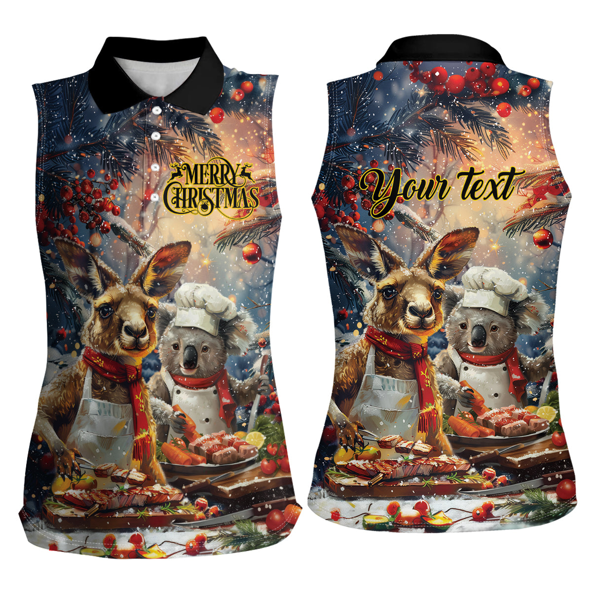 Personalised Aussie Christmas Kangaroo and Koala Women Sleeveless Polo Shirt