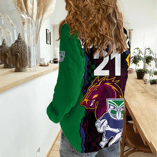 (Custom Text And Number) NRL Combine Warriors and Broncos Women Casual Shirt Sporty Style LT9