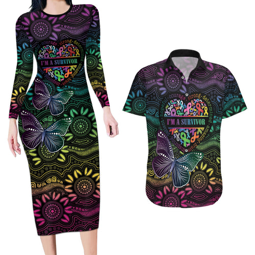 Australia Cancer Survivor Personalised Couples Matching Long Sleeve Bodycon Dress and Hawaiian Shirt I’m A Survivor Ribbon Heart