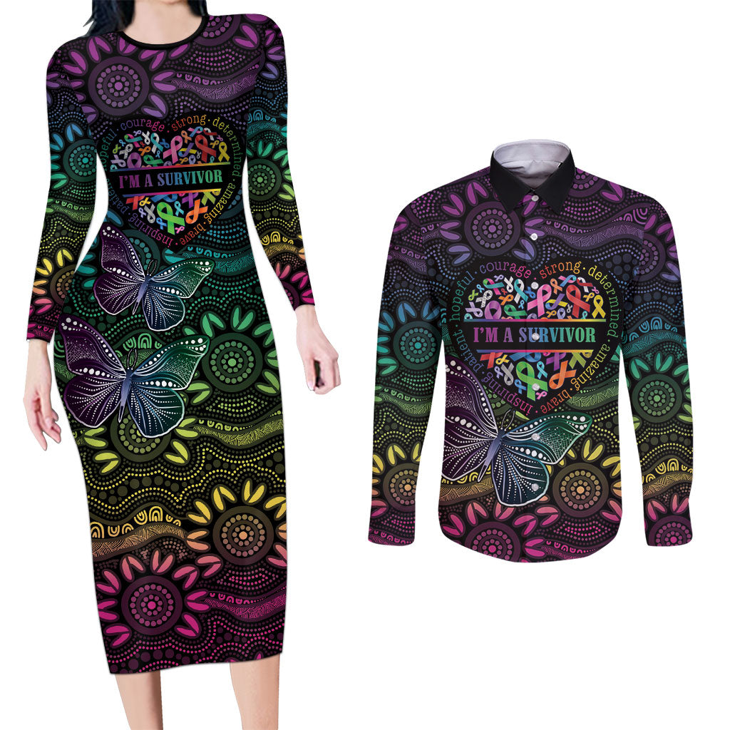 Australia Cancer Survivor Personalised Couples Matching Long Sleeve Bodycon Dress and Long Sleeve Button Shirt I’m A Survivor Ribbon Heart