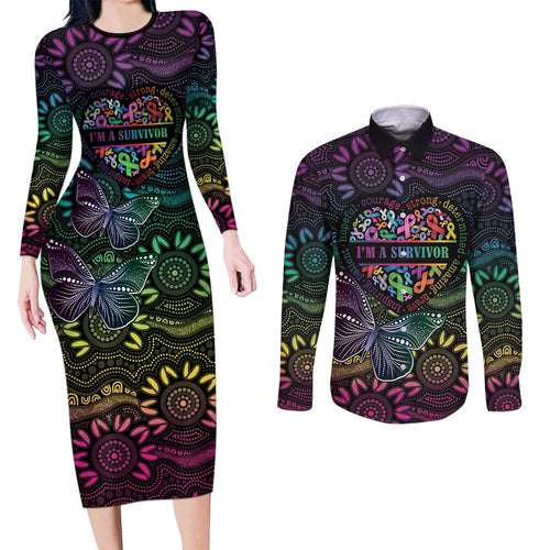 Australia Cancer Survivor Personalised Couples Matching Long Sleeve Bodycon Dress and Long Sleeve Button Shirt I’m A Survivor Ribbon Heart