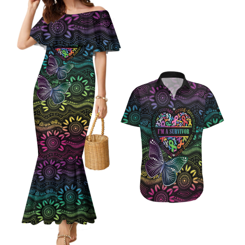 Australia Cancer Survivor Personalised Couples Matching Mermaid Dress and Hawaiian Shirt I’m A Survivor Ribbon Heart