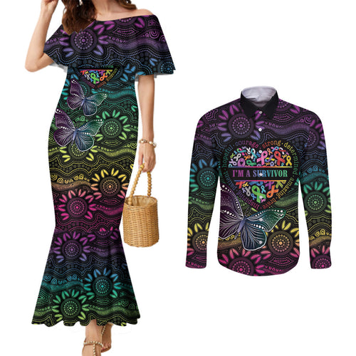 Australia Cancer Survivor Personalised Couples Matching Mermaid Dress and Long Sleeve Button Shirt I’m A Survivor Ribbon Heart