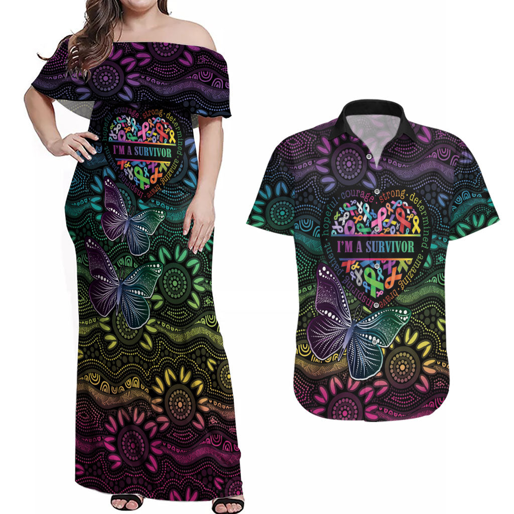 Australia Cancer Survivor Personalised Couples Matching Off Shoulder Maxi Dress and Hawaiian Shirt I’m A Survivor Ribbon Heart