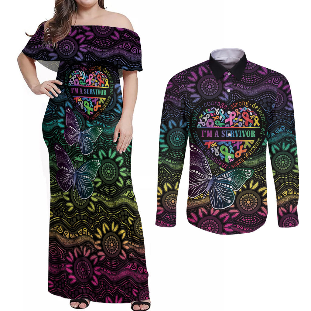 Australia Cancer Survivor Personalised Couples Matching Off Shoulder Maxi Dress and Long Sleeve Button Shirt I’m A Survivor Ribbon Heart