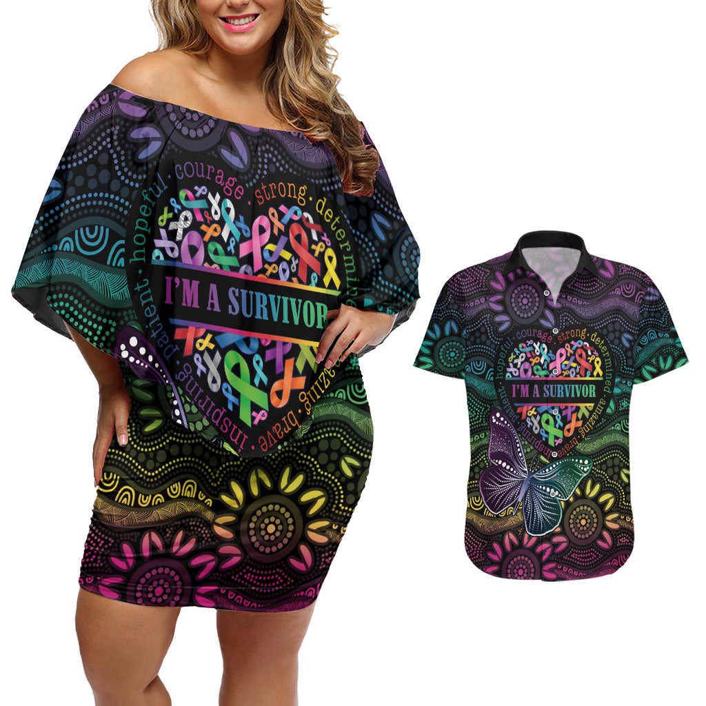 Australia Cancer Survivor Personalised Couples Matching Off Shoulder Short Dress and Hawaiian Shirt I’m A Survivor Ribbon Heart