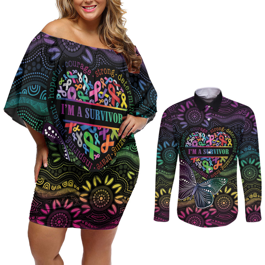 Australia Cancer Survivor Personalised Couples Matching Off Shoulder Short Dress and Long Sleeve Button Shirt I’m A Survivor Ribbon Heart