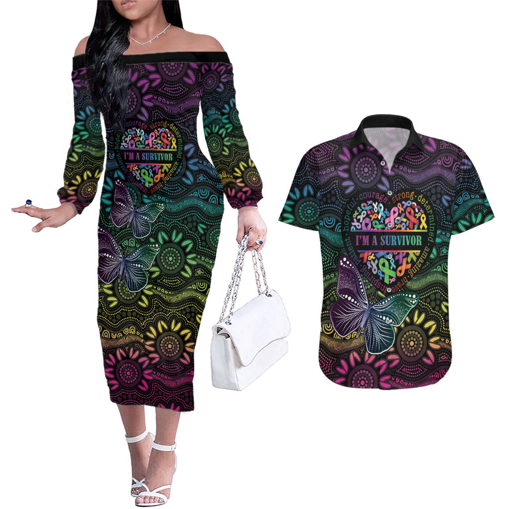 Australia Cancer Survivor Personalised Couples Matching Off The Shoulder Long Sleeve Dress and Hawaiian Shirt I’m A Survivor Ribbon Heart