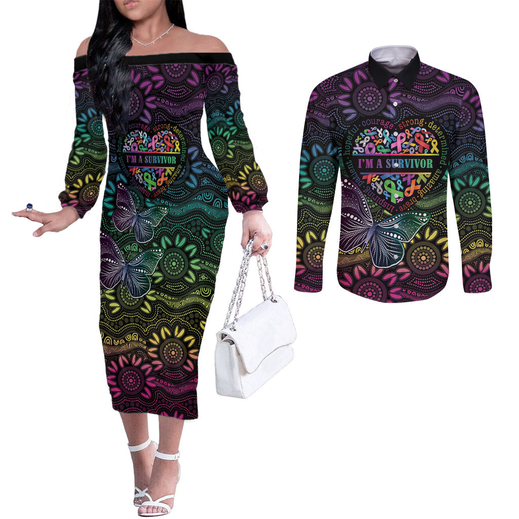 Australia Cancer Survivor Personalised Couples Matching Off The Shoulder Long Sleeve Dress and Long Sleeve Button Shirt I’m A Survivor Ribbon Heart