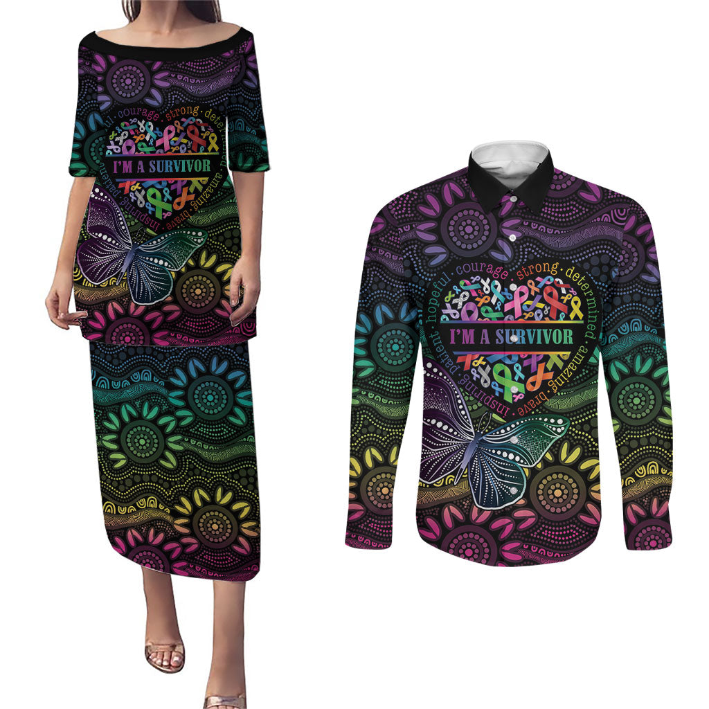 Australia Cancer Survivor Personalised Couples Matching Puletasi and Long Sleeve Button Shirt I’m A Survivor Ribbon Heart