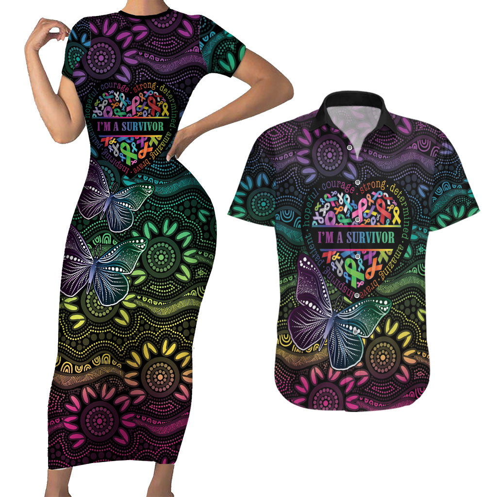 Australia Cancer Survivor Personalised Couples Matching Short Sleeve Bodycon Dress and Hawaiian Shirt I’m A Survivor Ribbon Heart