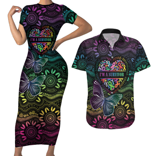 Australia Cancer Survivor Personalised Couples Matching Short Sleeve Bodycon Dress and Hawaiian Shirt I’m A Survivor Ribbon Heart