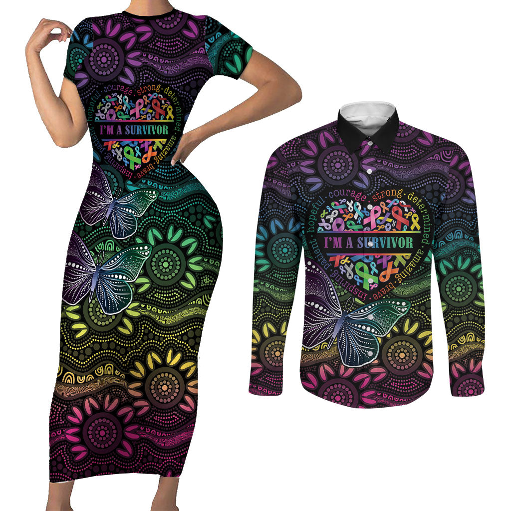 Australia Cancer Survivor Personalised Couples Matching Short Sleeve Bodycon Dress and Long Sleeve Button Shirt I’m A Survivor Ribbon Heart