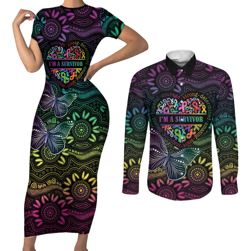 Australia Cancer Survivor Personalised Couples Matching Short Sleeve Bodycon Dress and Long Sleeve Button Shirt I’m A Survivor Ribbon Heart