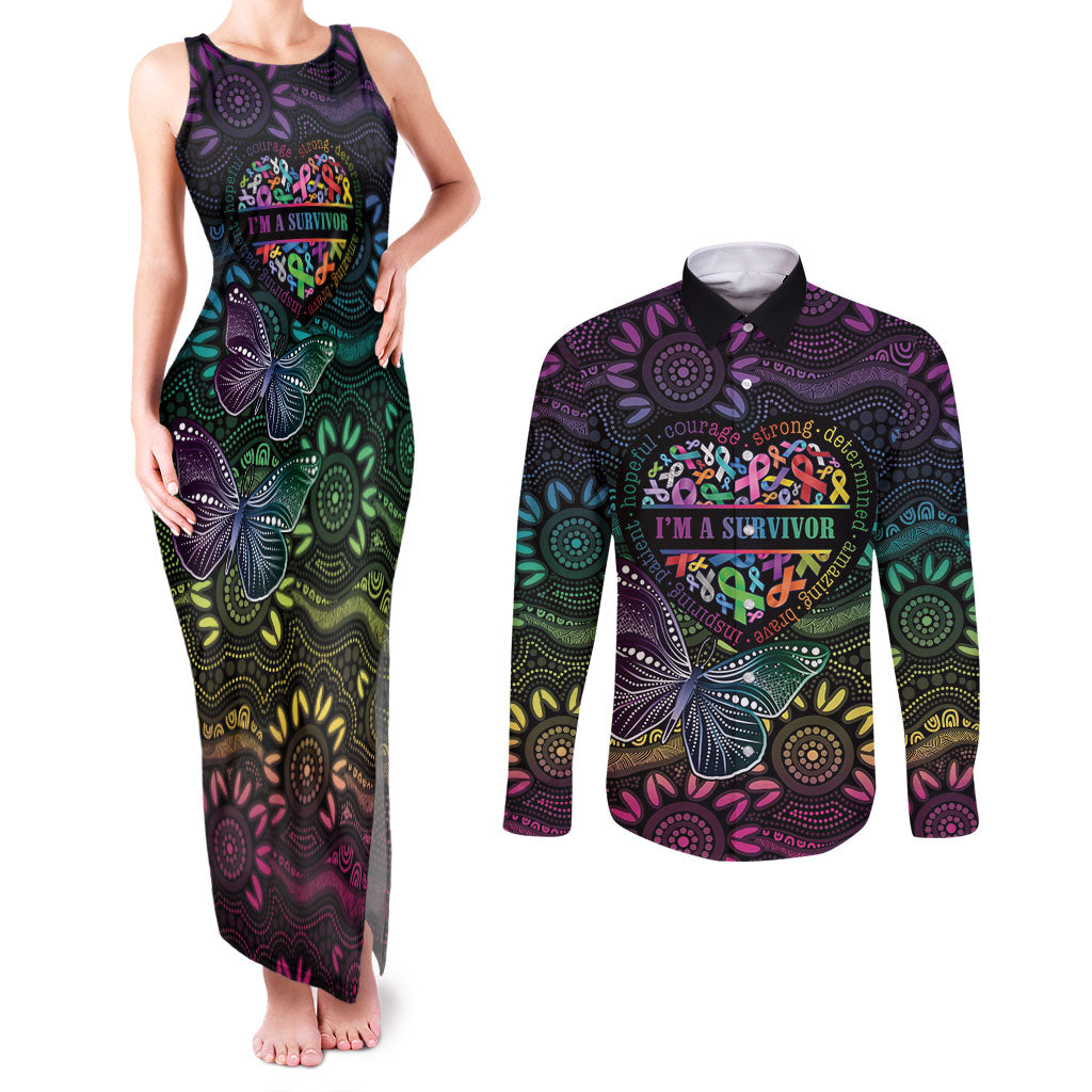 Australia Cancer Survivor Personalised Couples Matching Tank Maxi Dress and Long Sleeve Button Shirt I’m A Survivor Ribbon Heart