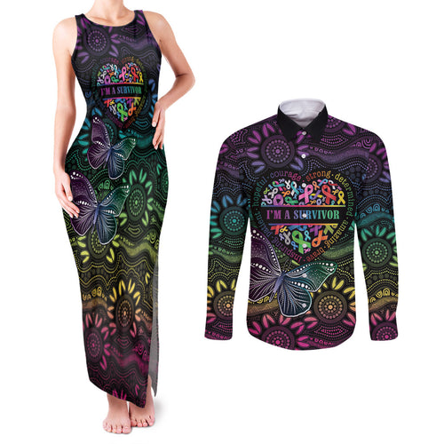 Australia Cancer Survivor Personalised Couples Matching Tank Maxi Dress and Long Sleeve Button Shirt I’m A Survivor Ribbon Heart