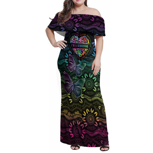 Australia Cancer Survivor Personalised Family Matching Off Shoulder Maxi Dress and Hawaiian Shirt I’m A Survivor Ribbon Heart