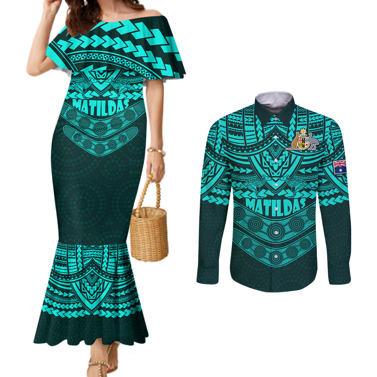 matildas-soccer-couples-matching-mermaid-dress-and-long-sleeve-button-shirts-polynesian-and-aboriginal-turquoise-vibe