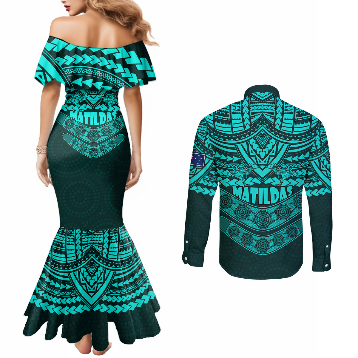 matildas-soccer-couples-matching-mermaid-dress-and-long-sleeve-button-shirts-polynesian-and-aboriginal-turquoise-vibe