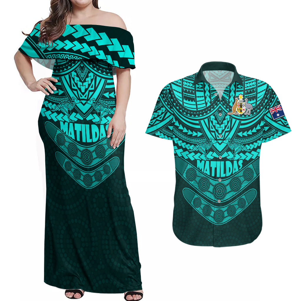 matildas-soccer-couples-matching-off-shoulder-maxi-dress-and-hawaiian-shirt-polynesian-and-aboriginal-turquoise-vibe