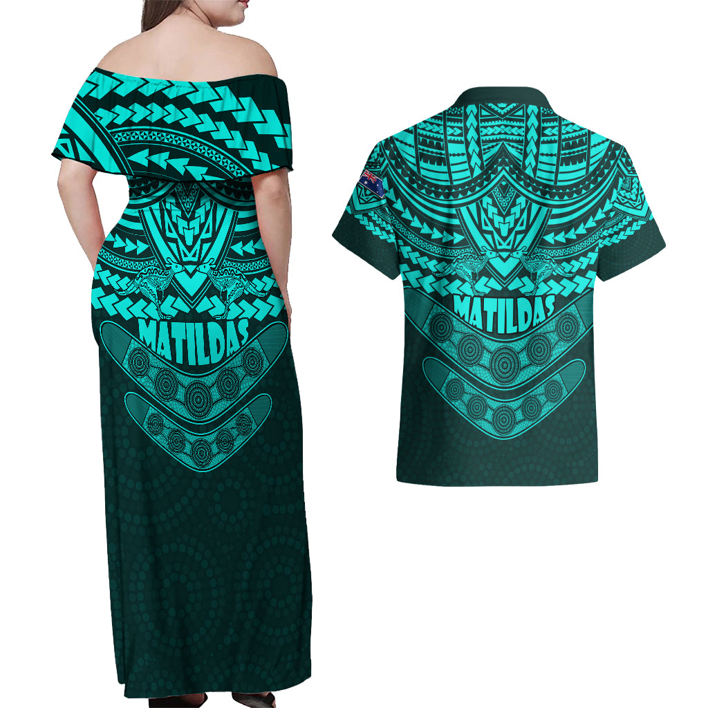 matildas-soccer-couples-matching-off-shoulder-maxi-dress-and-hawaiian-shirt-polynesian-and-aboriginal-turquoise-vibe