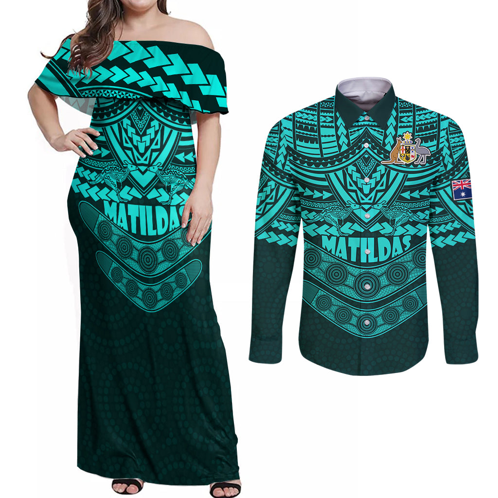 matildas-soccer-couples-matching-off-shoulder-maxi-dress-and-long-sleeve-button-shirts-polynesian-and-aboriginal-turquoise-vibe