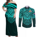 matildas-soccer-couples-matching-off-shoulder-maxi-dress-and-long-sleeve-button-shirts-polynesian-and-aboriginal-turquoise-vibe
