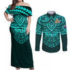 matildas-soccer-couples-matching-off-shoulder-maxi-dress-and-long-sleeve-button-shirts-polynesian-and-aboriginal-turquoise-vibe