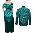 matildas-soccer-couples-matching-off-shoulder-maxi-dress-and-long-sleeve-button-shirts-polynesian-and-aboriginal-turquoise-vibe