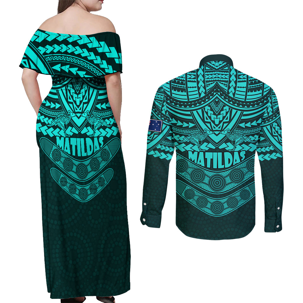matildas-soccer-couples-matching-off-shoulder-maxi-dress-and-long-sleeve-button-shirts-polynesian-and-aboriginal-turquoise-vibe