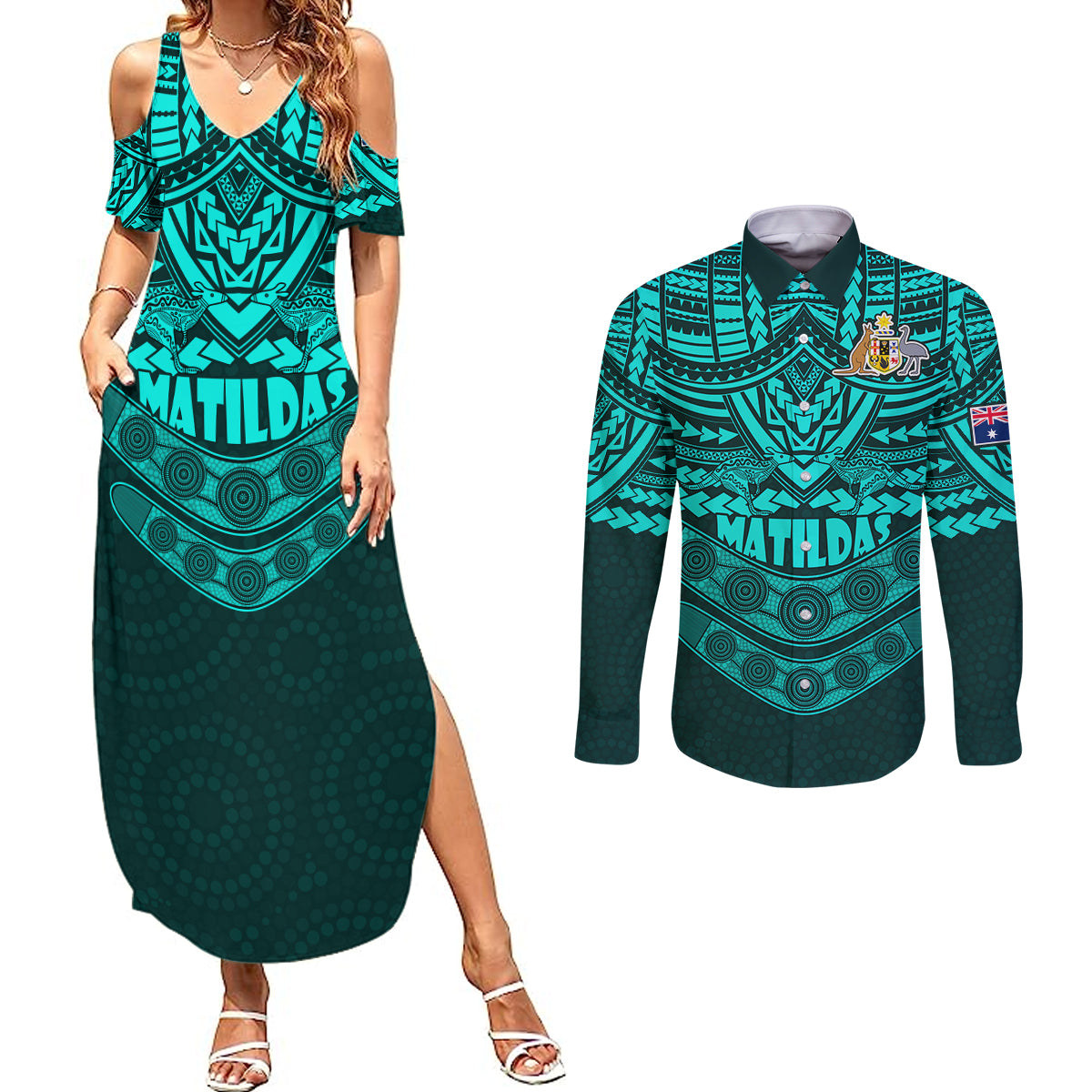 matildas-soccer-couples-matching-summer-maxi-dress-and-long-sleeve-button-shirts-polynesian-and-aboriginal-turquoise-vibe