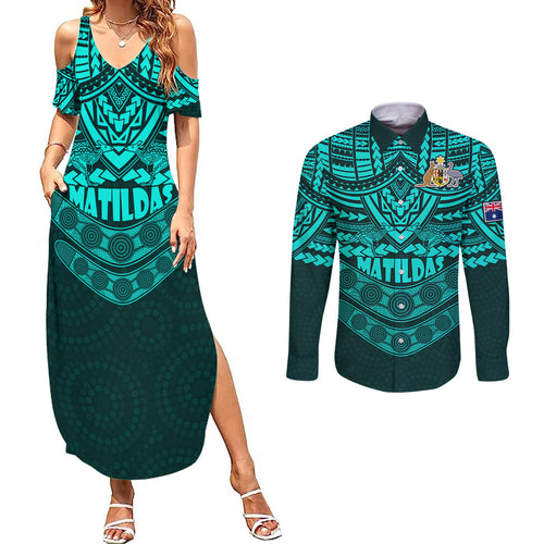matildas-soccer-couples-matching-summer-maxi-dress-and-long-sleeve-button-shirts-polynesian-and-aboriginal-turquoise-vibe
