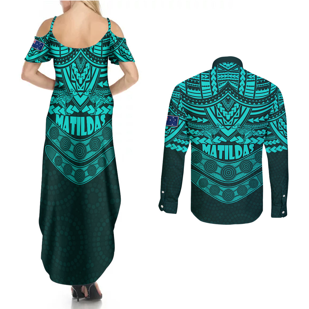 matildas-soccer-couples-matching-summer-maxi-dress-and-long-sleeve-button-shirts-polynesian-and-aboriginal-turquoise-vibe