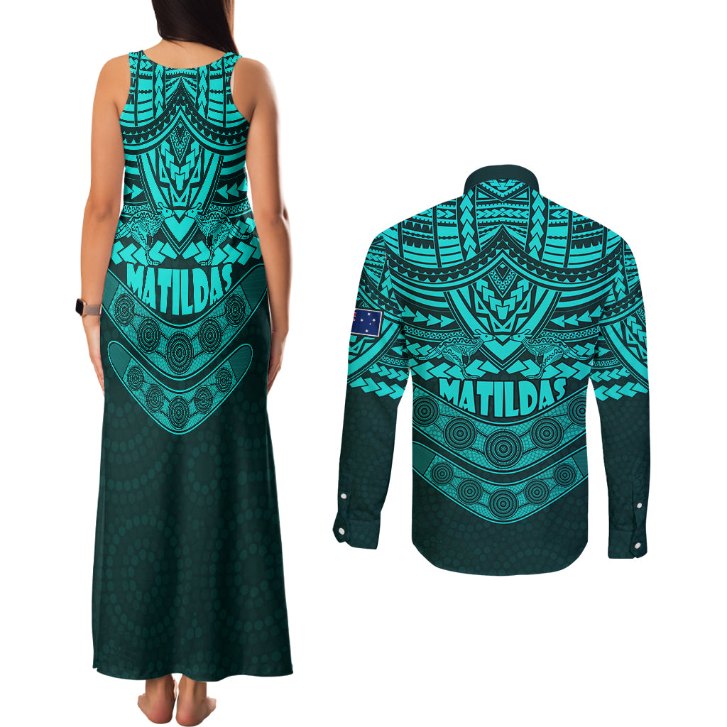matildas-soccer-couples-matching-tank-maxi-dress-and-long-sleeve-button-shirts-polynesian-and-aboriginal-turquoise-vibe