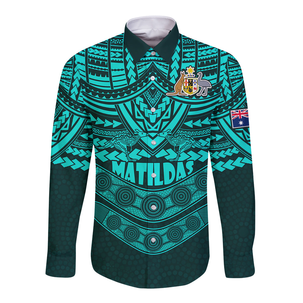matildas-soccer-long-sleeve-button-shirt-polynesian-and-aboriginal-turquoise-vibe
