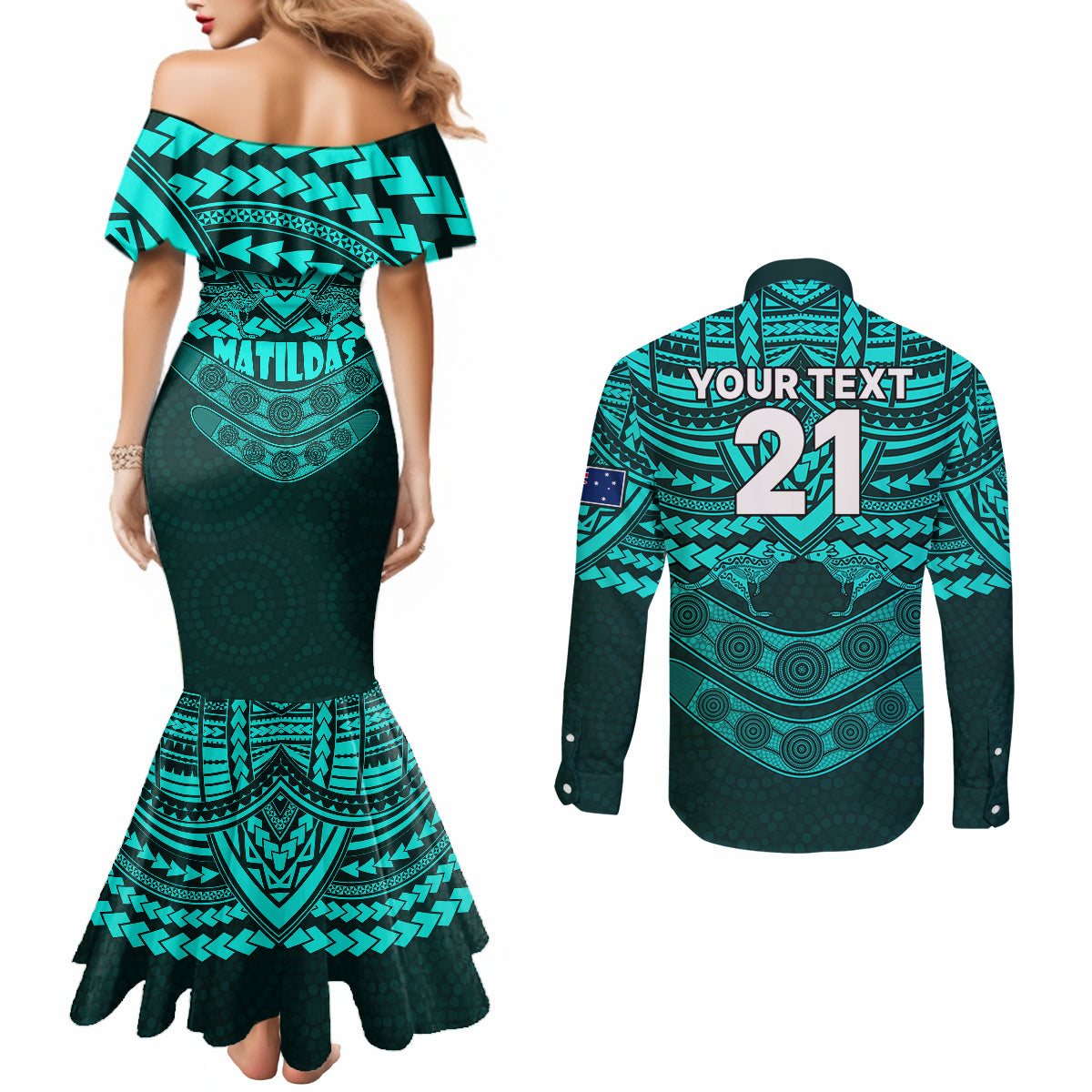 custom-matildas-soccer-couples-matching-mermaid-dress-and-long-sleeve-button-shirts-polynesian-and-aboriginal-turquoise-vibe