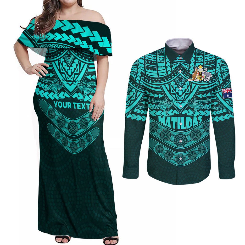 custom-matildas-soccer-couples-matching-off-shoulder-maxi-dress-and-long-sleeve-button-shirts-polynesian-and-aboriginal-turquoise-vibe
