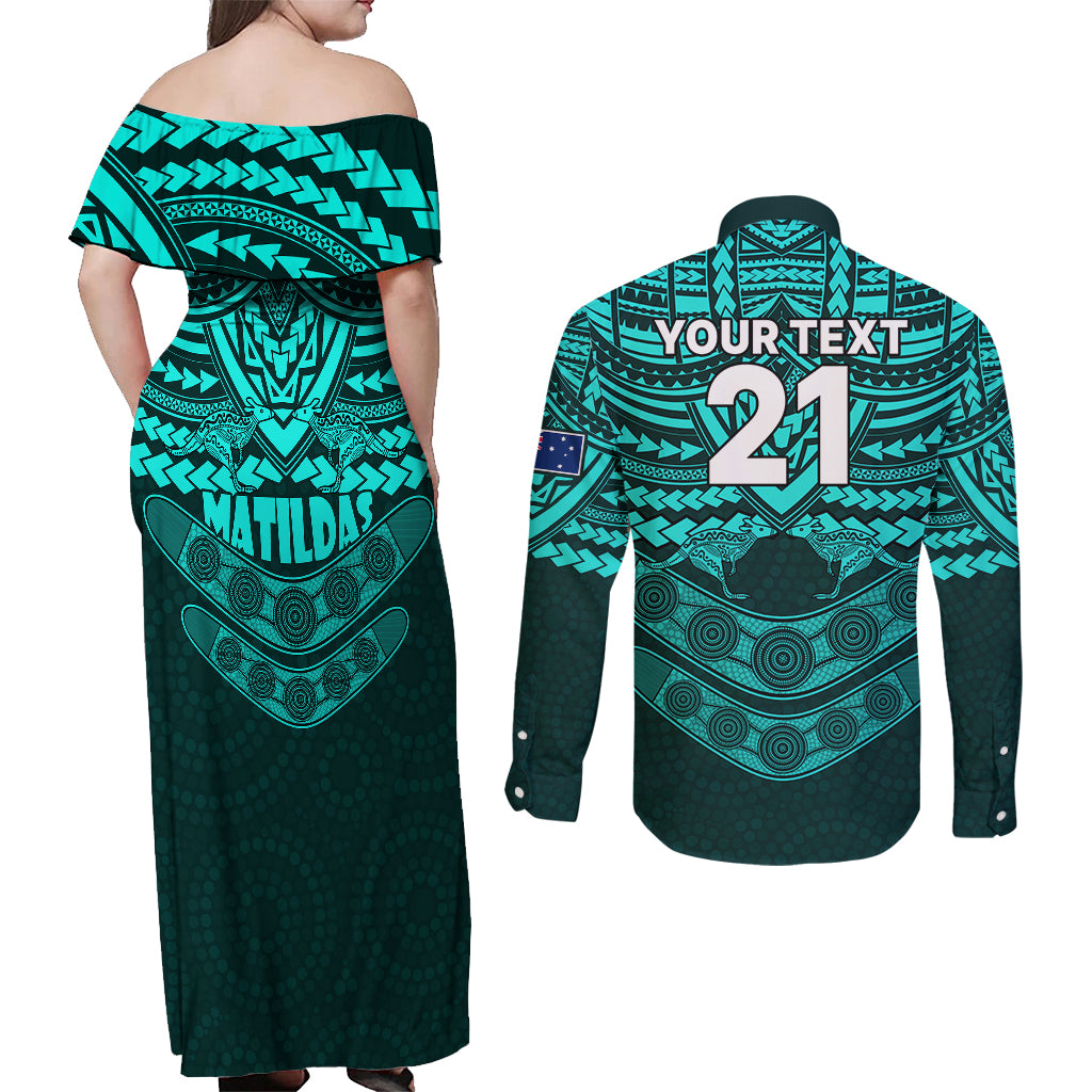 custom-matildas-soccer-couples-matching-off-shoulder-maxi-dress-and-long-sleeve-button-shirts-polynesian-and-aboriginal-turquoise-vibe