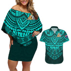 custom-matildas-soccer-couples-matching-off-shoulder-short-dress-and-hawaiian-shirt-polynesian-and-aboriginal-turquoise-vibe