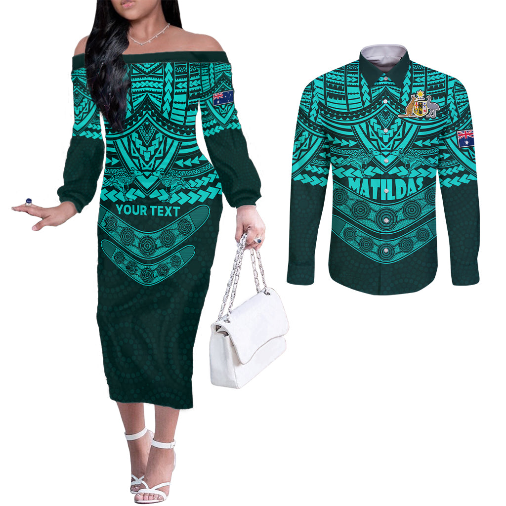 custom-matildas-soccer-couples-matching-off-the-shoulder-long-sleeve-dress-and-long-sleeve-button-shirts-polynesian-and-aboriginal-turquoise-vibe