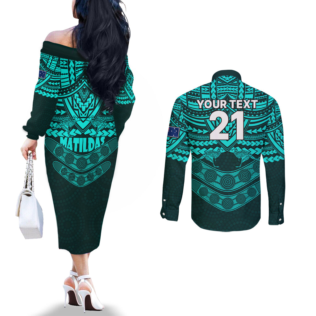 custom-matildas-soccer-couples-matching-off-the-shoulder-long-sleeve-dress-and-long-sleeve-button-shirts-polynesian-and-aboriginal-turquoise-vibe