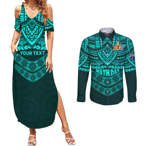 custom-matildas-soccer-couples-matching-summer-maxi-dress-and-long-sleeve-button-shirts-polynesian-and-aboriginal-turquoise-vibe