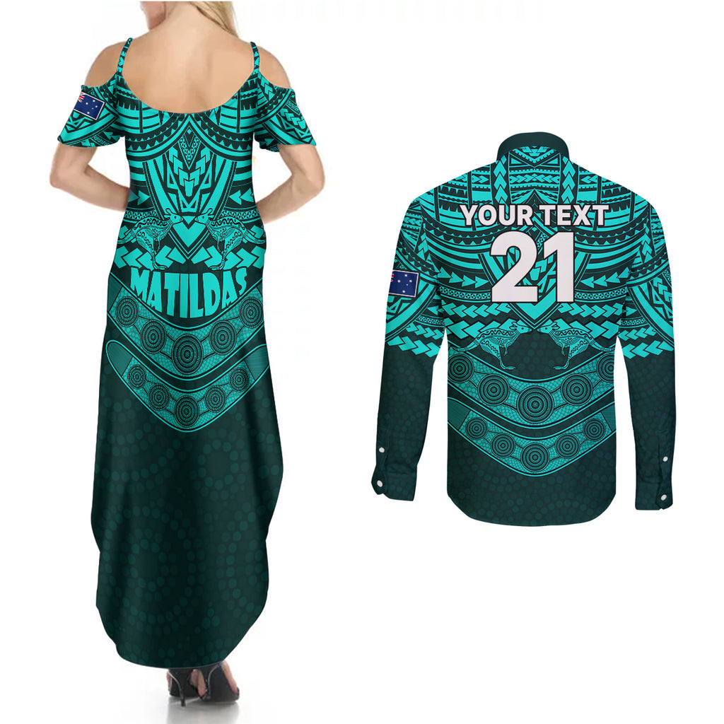 custom-matildas-soccer-couples-matching-summer-maxi-dress-and-long-sleeve-button-shirts-polynesian-and-aboriginal-turquoise-vibe