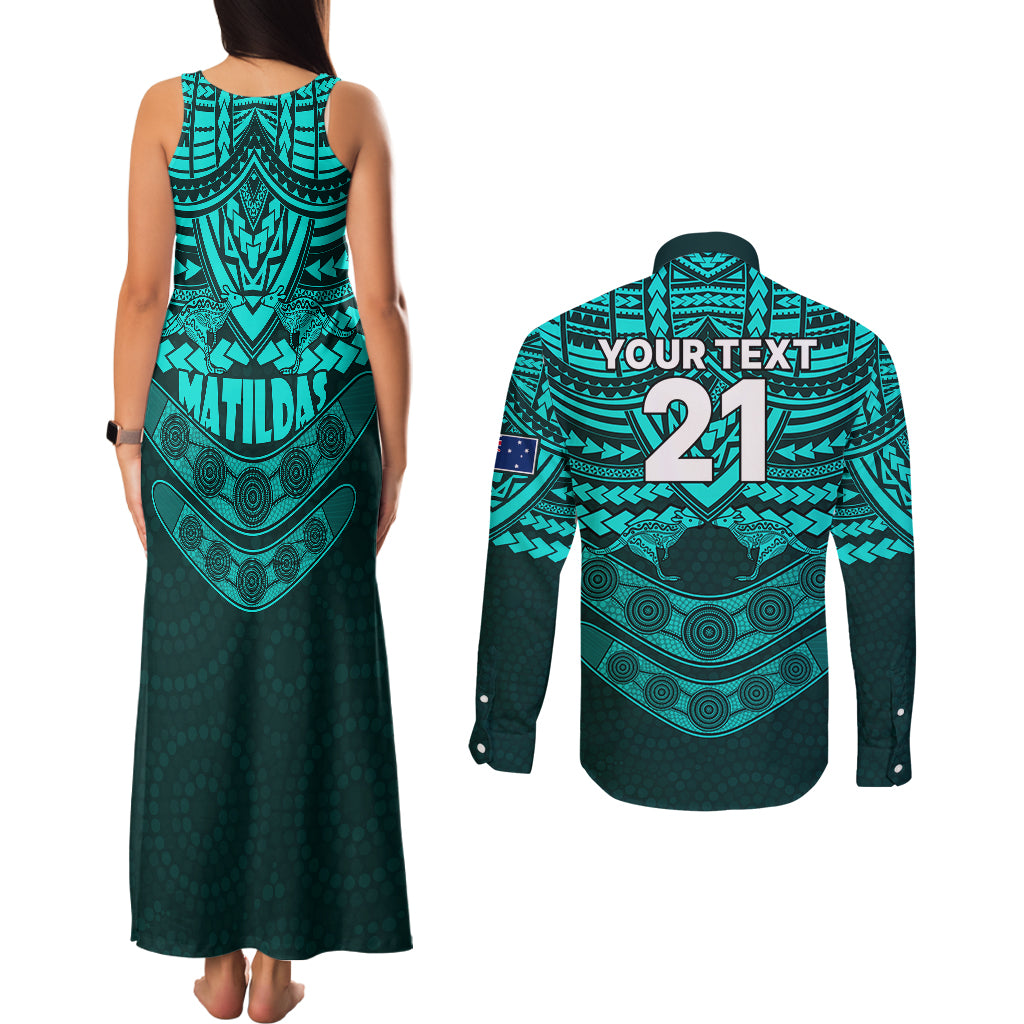 custom-matildas-soccer-couples-matching-tank-maxi-dress-and-long-sleeve-button-shirts-polynesian-and-aboriginal-turquoise-vibe